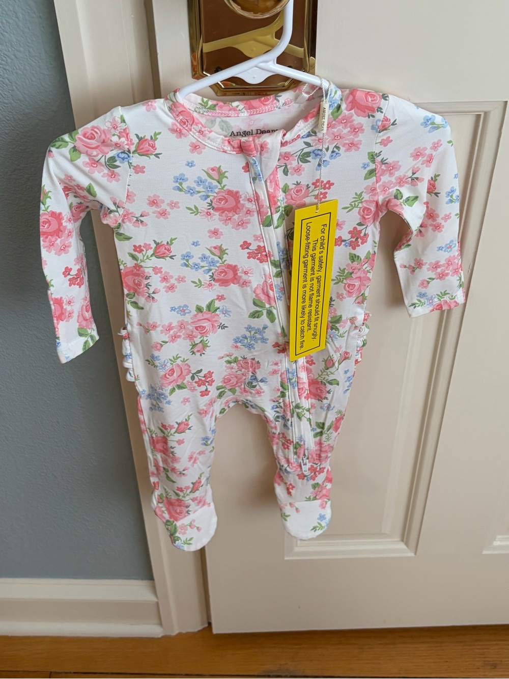 NWT Angel Dear Bamboo Pink & Blue Rose Floral Ruffle Back Footie Pajama